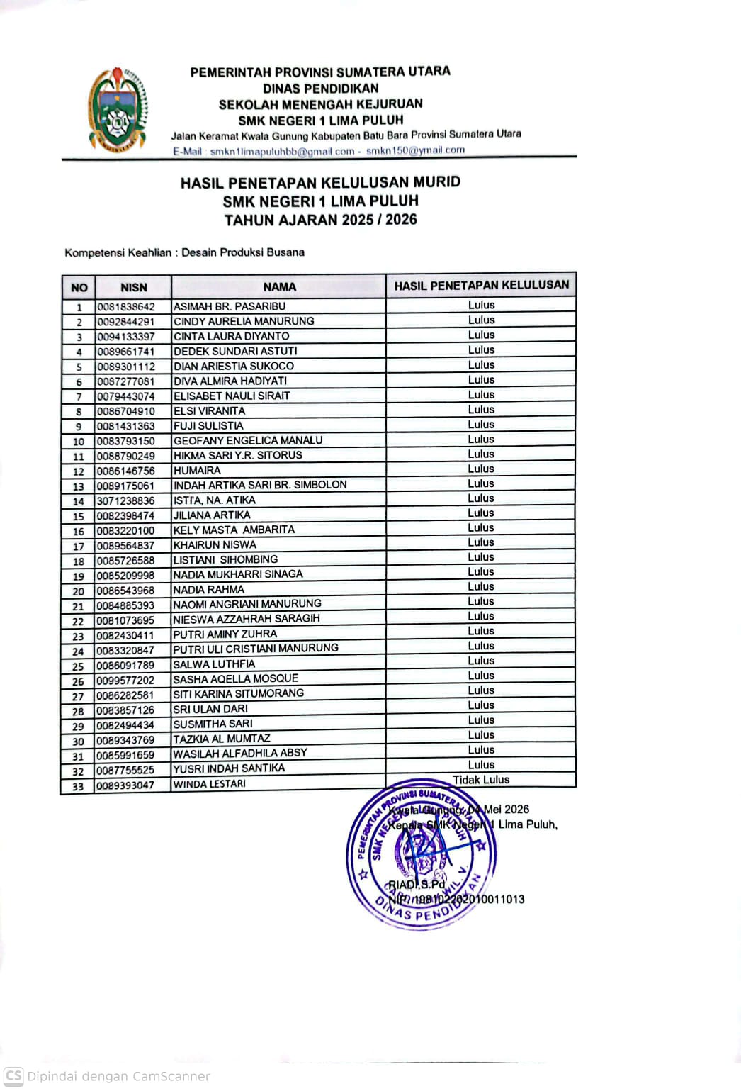 Daftar lulus siswa DPB